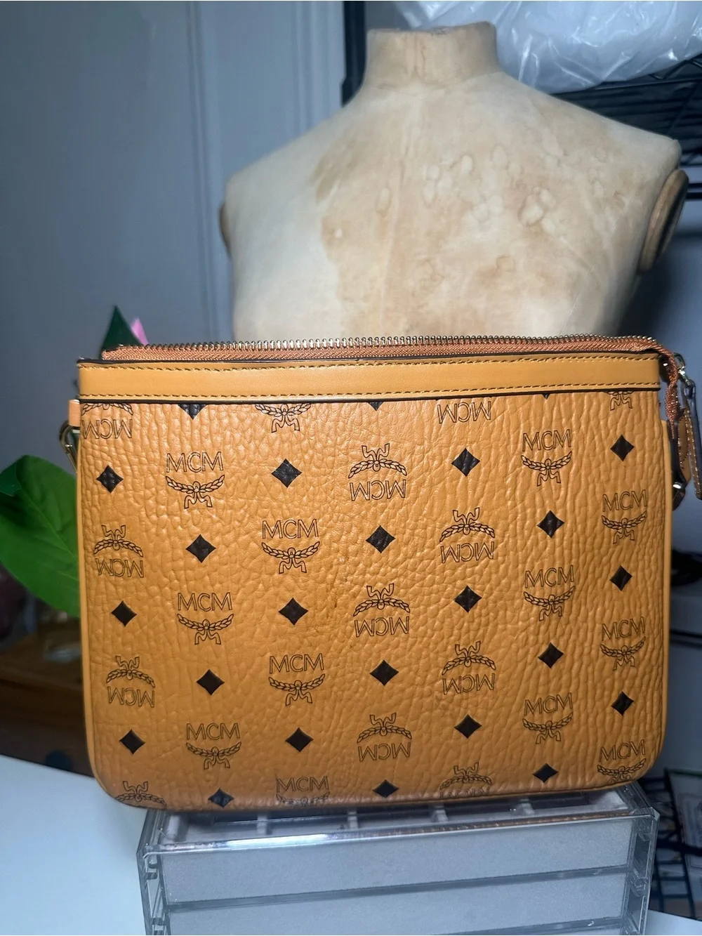 MCM Tan Visetos Logo Crossbody Bag with Black Accents